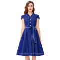 Belle Poque Retro Vintage Cap Hülle V-Ausschnitt High Stretchy Blau Kurz 50s 60er Jahre Vintage Kleid BP000167-4